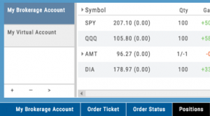 Broker menu panel with My Brokerage Account and My Virtual Account tabs, a positions list (SPY, QQQ, AMT, DIA), and bottom tabs for Order Ticket, Order Status, and Positions