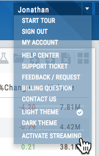 The user menu open with Activate Streaming at the bottom: Start Tour, Sign Out, My Account, Help Center, Support Ticket, Feedback / Request, Billing Question, Contact Us, Light/Dark Theme, Activate Streaming