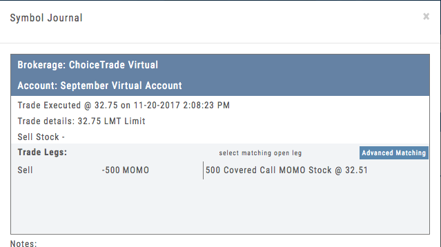 Symbol Journal dialog showing trade legs with “select matching open leg” and an Advanced Matching button