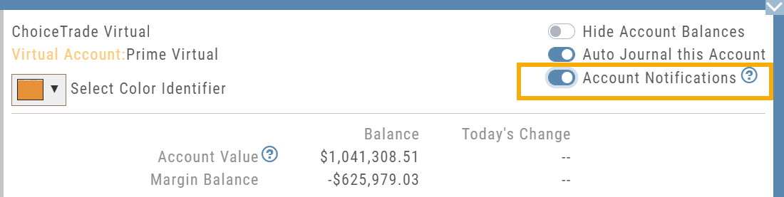 Account Summary header with the Account Notifications toggle highlighted next to Hide Account Balances and Auto Journal this Account