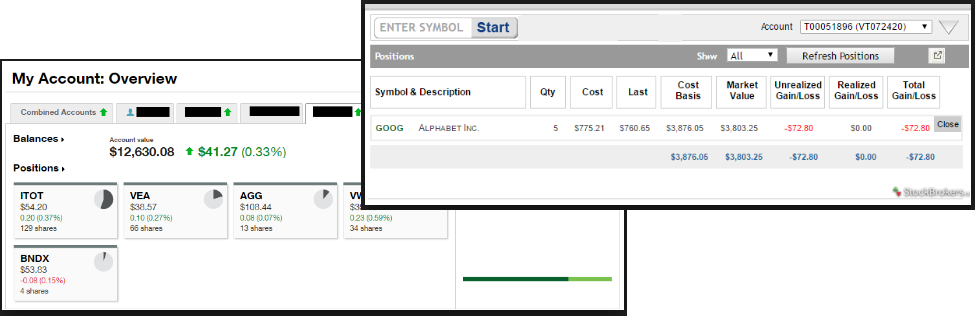 A brokerage's own account overview (account value and position tiles) shown alongside the platform's Positions panel for the same account, where cost basis, market value, and unrealized gain/loss are itemized per position