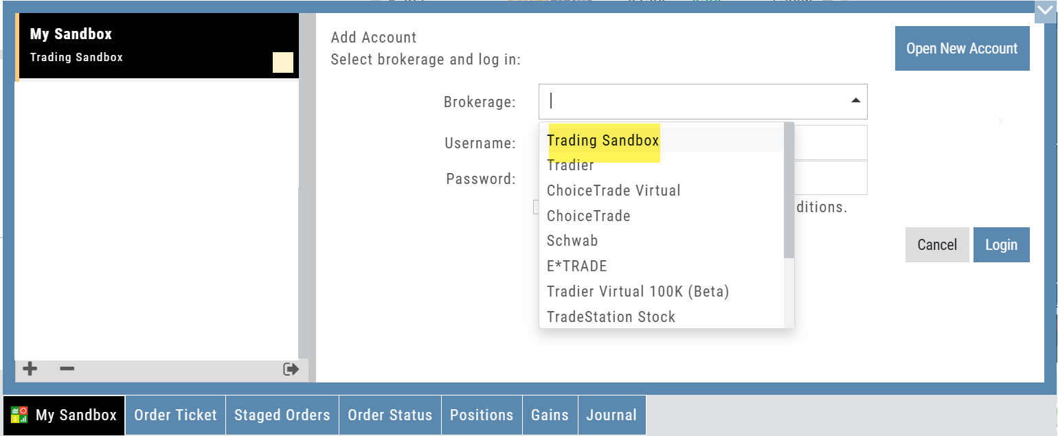 Add Account dialog with the Brokerage drop-down open and “Trading Sandbox” highlighted at the top of the list