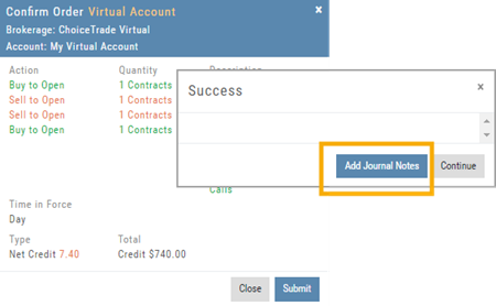 The Confirm Order dialog with the Success popup offering Add Journal Notes or Continue
