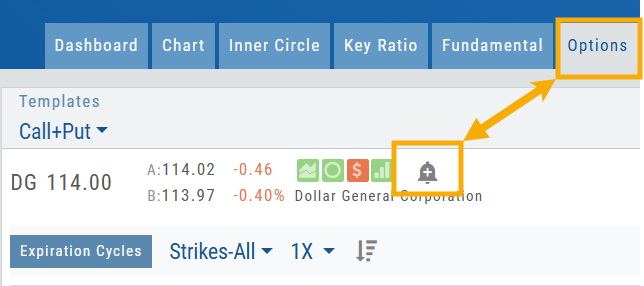 The alert bell icon available from the Research window Options tab beside the symbol quote