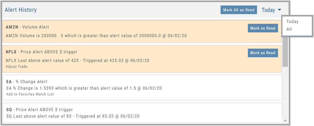 The Alert History window with Mark All as Read and the Today/All dropdown: triggered alerts with their messages and notes, unread ones highlighted with a Mark as Read button