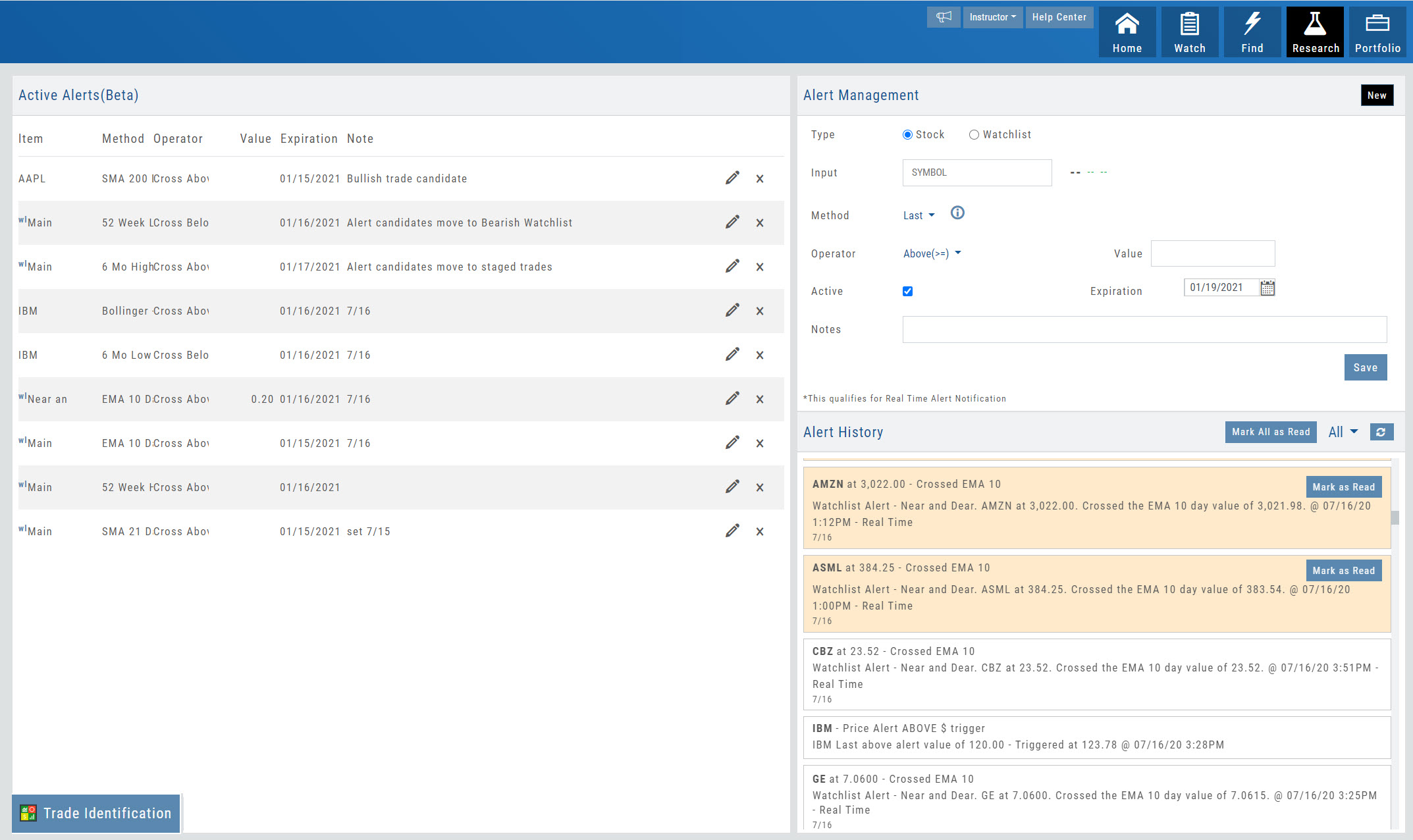 The Alerts page: Active Alerts list (item, method, operator, value, expiration, note) with edit and delete icons, the Alert Management panel with Stock/Watchlist type, method, operator, value, expiration and notes, and the Alert History list with Mark All as Read
