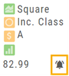 A quote tile with the darkened bell icon showing its alert has triggered and been read