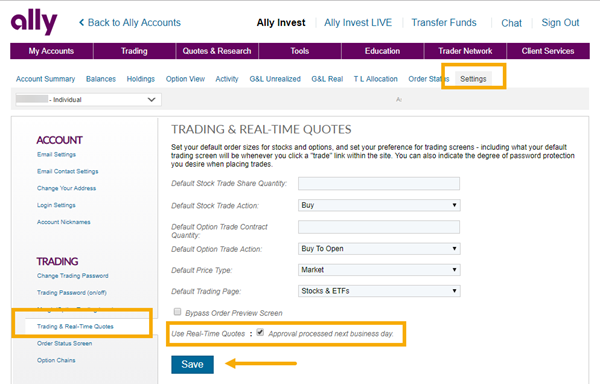 Ally Invest's Settings > Trading & Real-Time Quotes screen with the Use Real-Time Quotes box checked and Save highlighted