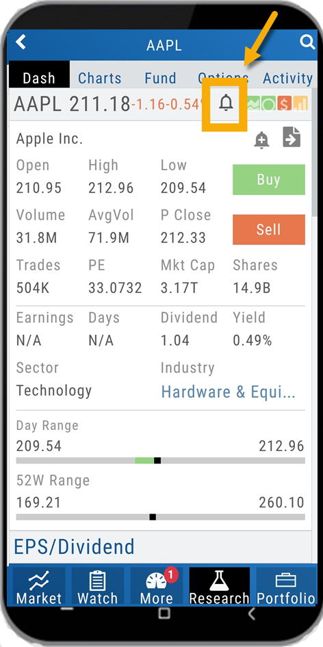 The mobile Research page for AAPL with the alert bell icon highlighted next to the price