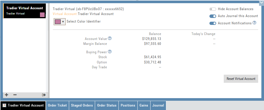 A Tradier Virtual account's Balances tab: account value, margin balance, and buying power for stock, option, and day trade, with the Hide Account Balances, Auto Journal, and Account Notifications toggles, color identifier picker, and Reset Virtual Account button