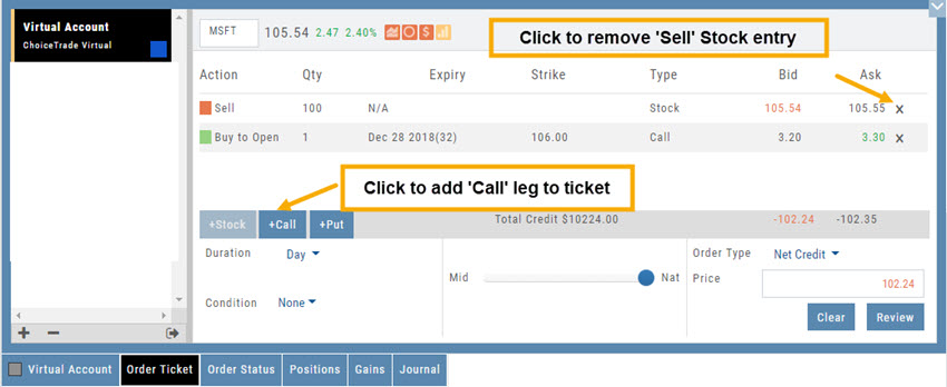 Order Ticket for MSFT with two legs: Sell 100 shares of stock and Buy to Open one Dec 28 106 Call; the X beside the stock leg and the +Call button are highlighted