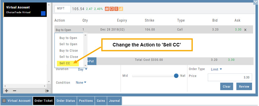 Order Ticket with the Action dropdown open on the call leg: Buy to Open, Sell to Open, Buy to Close, Sell to Close, and Sell CC, with Sell CC highlighted
