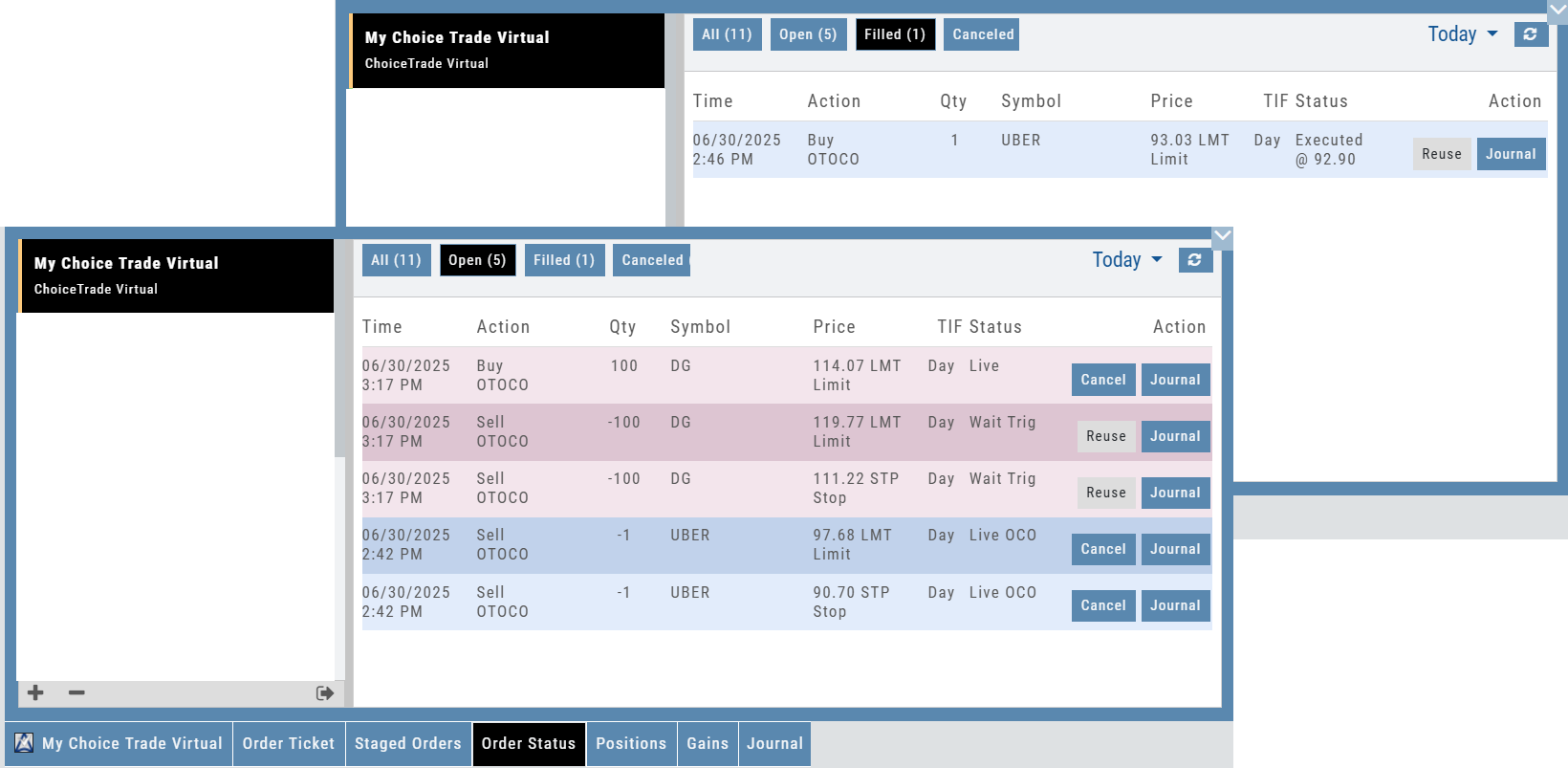 The Order Status tab for a ChoiceTrade account: a filled Buy OTOCO, and the Open filter showing Sell OTOCO legs in Wait Trig and Live OCO status with Cancel, Reuse, and Journal buttons
