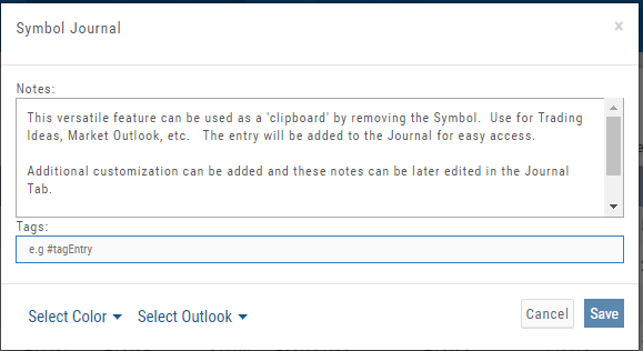 Symbol Journal note used as a clipboard: symbol removed, notes text, tags field, Select Color and Select Outlook options
