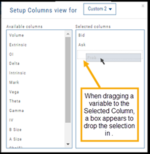 Setup Columns view for Custom 2: dragging a variable to the Selected column shows a drop box to place the selection