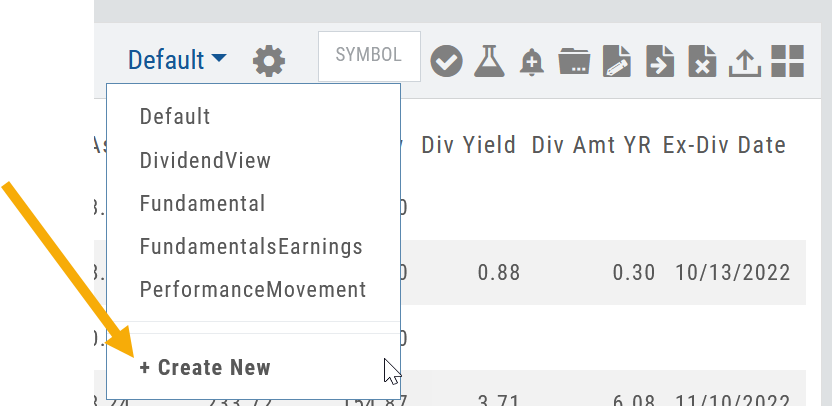 Watchlist views dropdown open on Default, listing DividendView, Fundamental, FundamentalsEarnings, and PerformanceMovement, with + Create New at the bottom