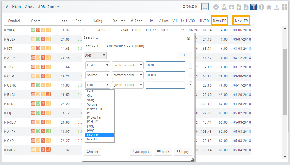 IV - High scan with the filter dialog open: criteria rows for Last, Volume, and a drop-down listing IV/HV ratio, Days ER, Next ER, and more; the Days ER and Next ER columns are highlighted in the results