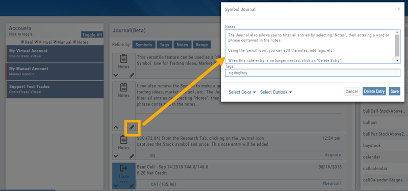 Journal Notes list with the pencil icon boxed, opening the Symbol Journal editor with Delete Entry and Save buttons