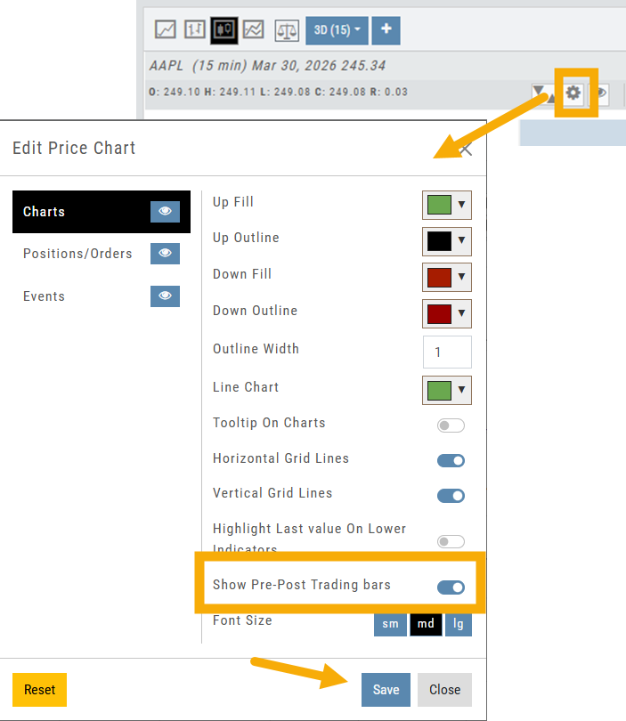 Edit Price Chart panel opened from the highlighted Gear icon, with the “Show Pre-Post Trading bars” toggle highlighted and an arrow pointing to Save