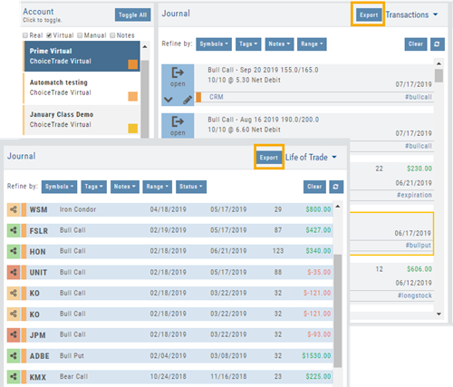 Journal in Transactions view and Life of Trade view, each with the Export button marked in the upper right