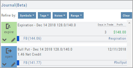 Journal showing an expired FB trade (green ‘expire’ tile, profit 8.00) above the original open Bull Put entry (blue ‘open’ tile)