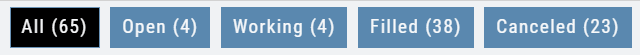 Order Status filter buttons: All (65), Open (4), Working (4), Filled (38), Canceled (23)