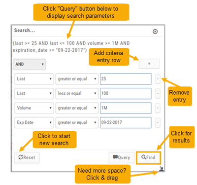 The scan filter Search dialog annotated: the query line, criteria rows with drop-downs and value boxes, + to add a row, - to remove, Reset to start over, Query to display parameters, Find for results, and the corner drag handle for more space