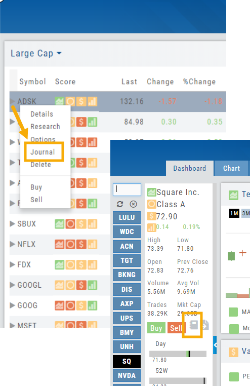Smart (Action) icon menu open on a watchlist symbol with Journal highlighted, and the Research tab’s Journal icon boxed on the Symbol Summary box