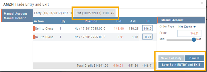 The same Trade Entry and Exit dialog on the Exit side (10/27/2017 at 1100.95): Sell-to-Close legs, order type Net Credit, and highlighted Save Exit Only and Save Both Entry and Exit buttons