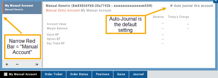 Manual account summary annotated: narrow red bar = Manual Account; Auto Journal this account is the default setting