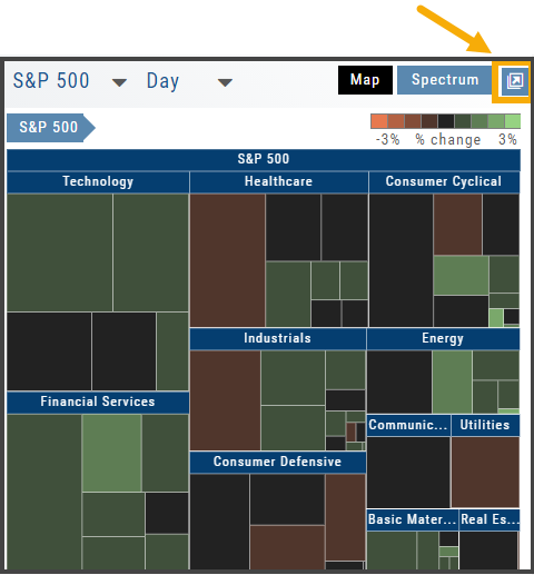 S&P 500 heat map with the Go Big (expand) icon highlighted next to the Map/Spectrum toggle and the % change color scale