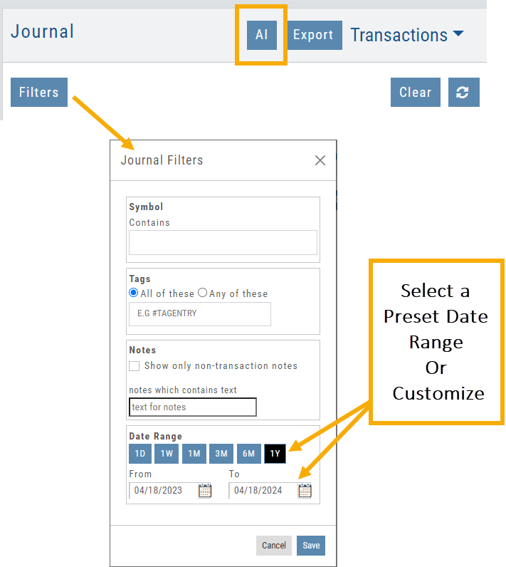 Journal header with the AI button next to Export, and the Journal Filters window open showing Symbol, Tags, Notes, and Date Range controls with preset ranges and custom From/To dates