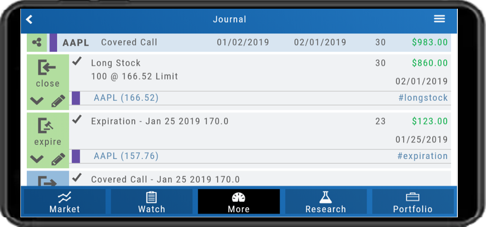 The mobile Journal in landscape: an AAPL covered call grouped by symbol with its long stock close and expiration entries, days in trade, and profit