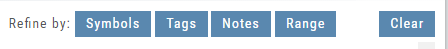 Journal "Refine by" filter bar with Symbols, Tags, Notes, and Range filter buttons and a Clear button