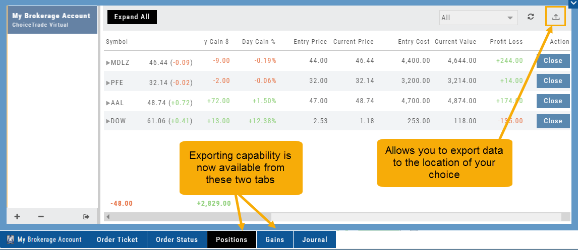 Positions tab with the export icon in the upper right and the Positions and Gains tabs marked at the bottom — exporting is available from both