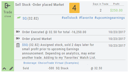 Journal entry after saving: the closed SQ stock trade shows its profit, order events, the note text, and the tags #sellstock, #favorite, and #upcomingearnings