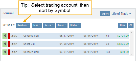 Journal in Life of Trade view with a tip annotation: select trading account, then sort by Symbol