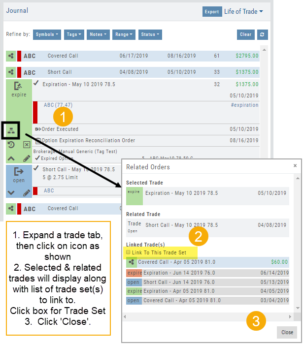 Expanded trade tab with the Link icon boxed, and the Related Orders window listing the selected trade, related trade, and linked trade sets with “Link To This Trade Set” highlighted