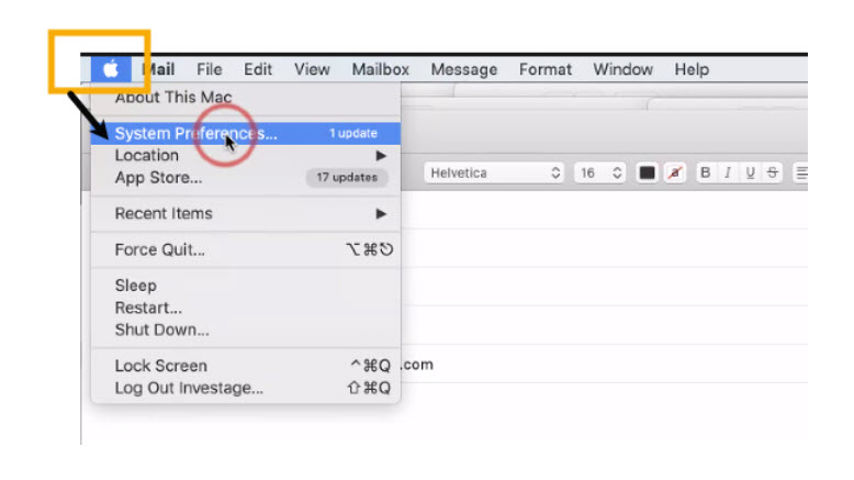 macOS Apple menu open with System Preferences circled