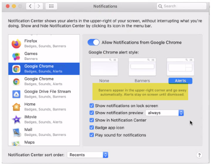 macOS Notifications preferences for Google Chrome: Allow Notifications enabled, alert style set to Alerts, with lock screen, preview, sound, and badge options