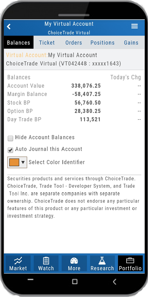 The mobile Portfolio Balances tab for a virtual account: account value, margin balance, stock/option/day-trade buying power, Hide Account Balances and Auto Journal toggles, and the color identifier