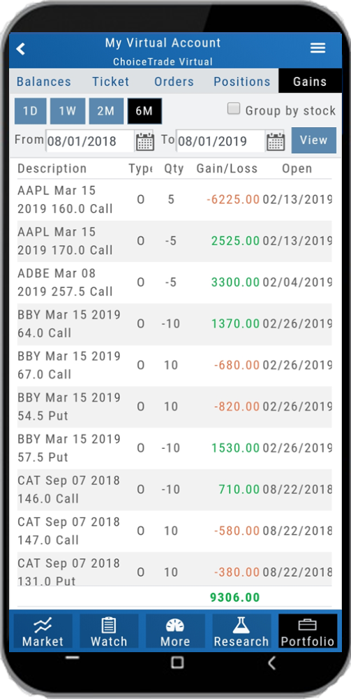 The mobile Gains tab: closed option trades over a 6-month range with type, quantity, gain/loss, and open date, and the account total at the bottom