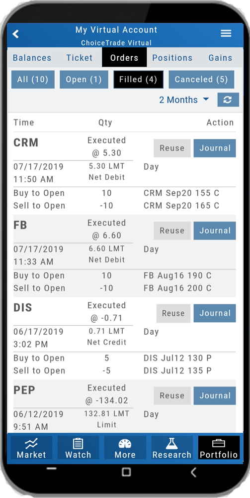 The mobile Orders tab: All/Open/Filled/Canceled filters and filled option orders with time, quantity, legs, execution price, and Reuse/Journal buttons