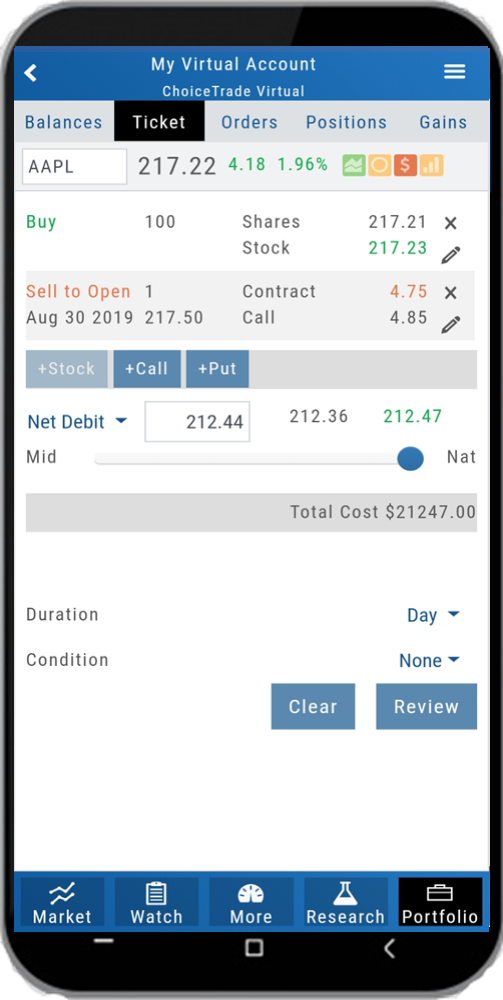 The mobile Order Ticket: an AAPL covered call — Buy 100 shares and Sell to Open a call — with the Net Debit box, Mid-Nat slider, total cost, duration, condition, and Clear/Review buttons