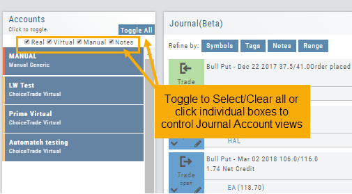 Accounts panel with the Real, Virtual, Manual, and Notes checkboxes and the Toggle All button above the account list