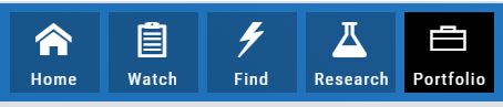 Top-level navigation tabs: Home, Watch, Find, Research, Portfolio
