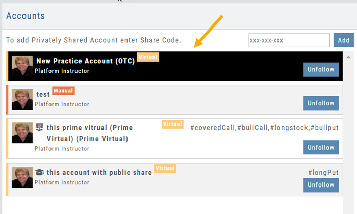 Accounts list after adding a code: the New Practice Account appears highlighted at the top of the followed accounts