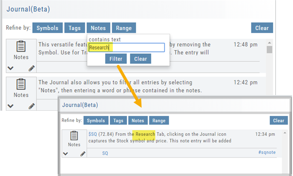 Journal filtered to Notes: the Notes filter contains text “Research” and the matching note entry is highlighted