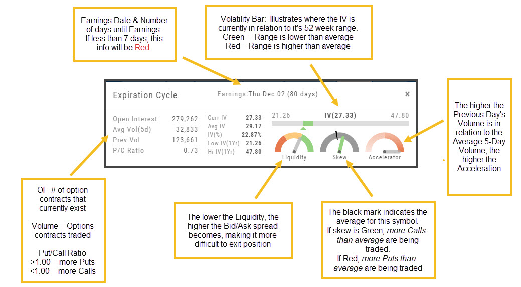 Expiration Cycle dashboard annotated: earnings date with days remaining (red if under 7), Open Interest, Avg and Prev Volume, P/C Ratio, current/average/high/low IV, the IV volatility bar against its 52-week range, and the Liquidity, Skew, and Accelerator gauges