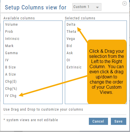 Setup Columns view for Custom 1: click and drag from Available columns (Volume, Prob, Intrinsic, Mark, Gamma, IV and more) to Selected columns, and drag up or down to change the order